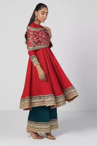 Tabasco red embroidered chanderi silk and net anarkali set