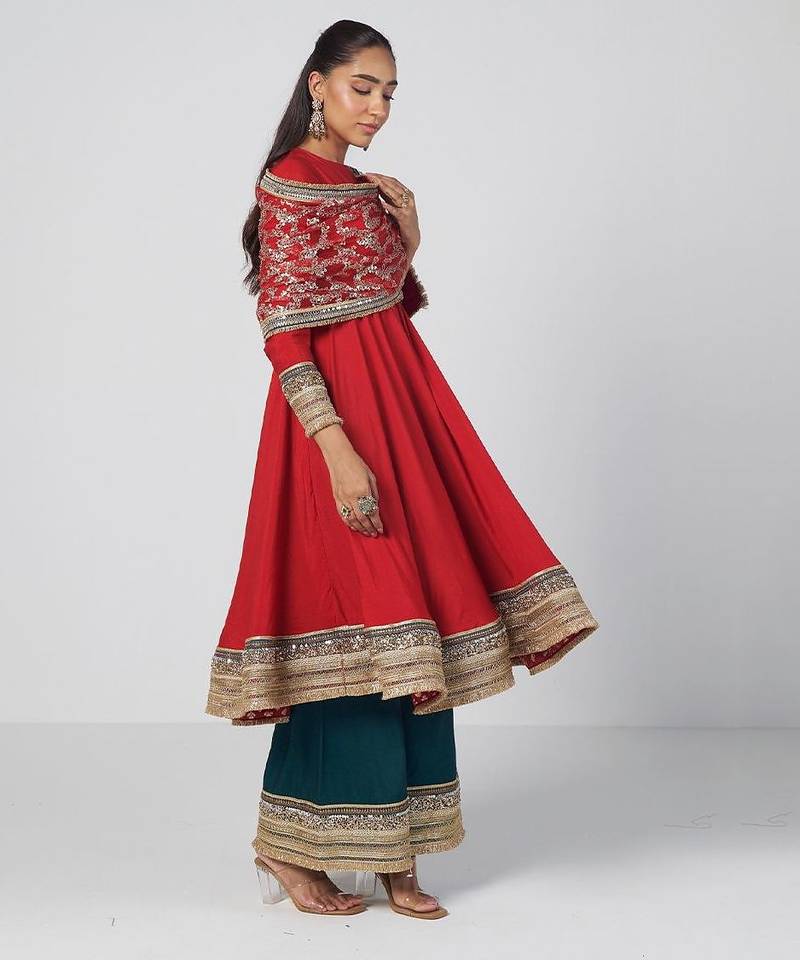Tabasco red embroidered chanderi silk and net anarkali set