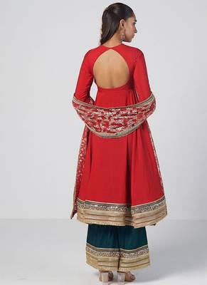 Tabasco red embroidered chanderi silk and net anarkali set 4