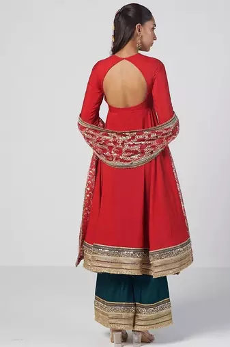 Tabasco red embroidered chanderi silk and net anarkali set