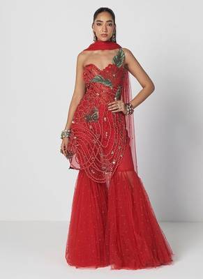 Tabasco red embroidered organza and net sharara set 1