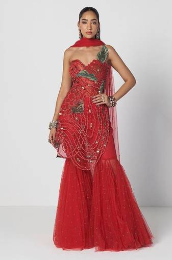 Tabasco red embroidered organza and net sharara set