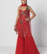 Tabasco red embroidered organza and net sharara set