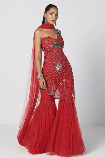 Tabasco red embroidered organza and net sharara set