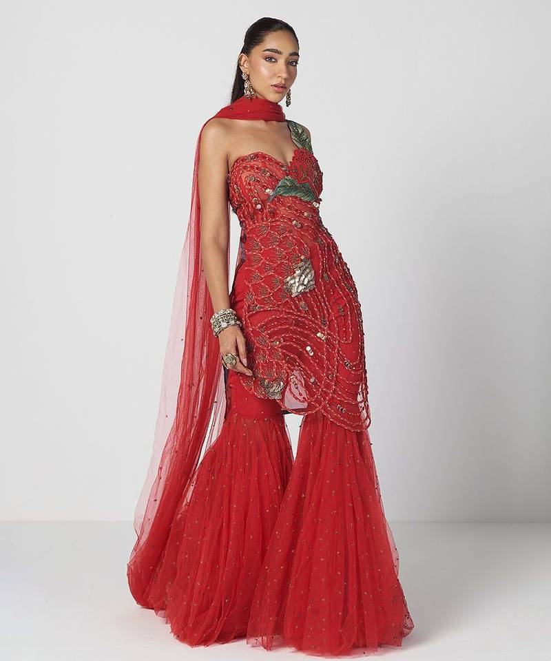 Tabasco red embroidered organza and net sharara set