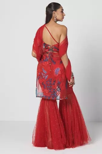 Tabasco red embroidered organza and net sharara set
