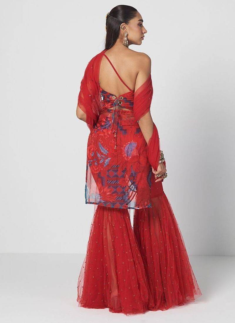 Tabasco red embroidered organza and net sharara set