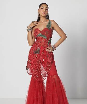 Tabasco red embroidered organza and net sharara set 4