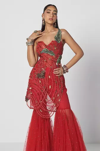 Tabasco red embroidered organza and net sharara set