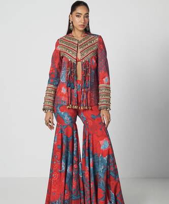 Tabasco red embroidered crepe jacket sharara set 1