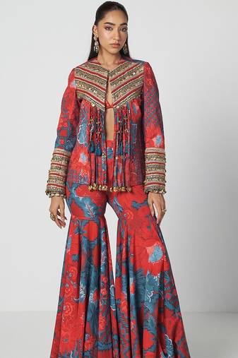 Tabasco red embroidered crepe jacket sharara set