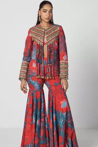 Tabasco red embroidered crepe jacket sharara set