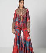 Tabasco red embroidered crepe jacket sharara set