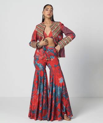 Tabasco red embroidered crepe jacket sharara set 2