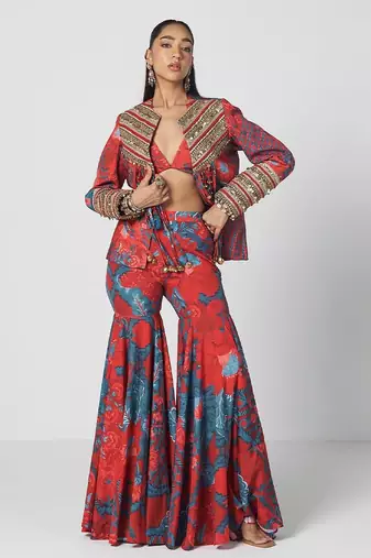 Tabasco red embroidered crepe jacket sharara set