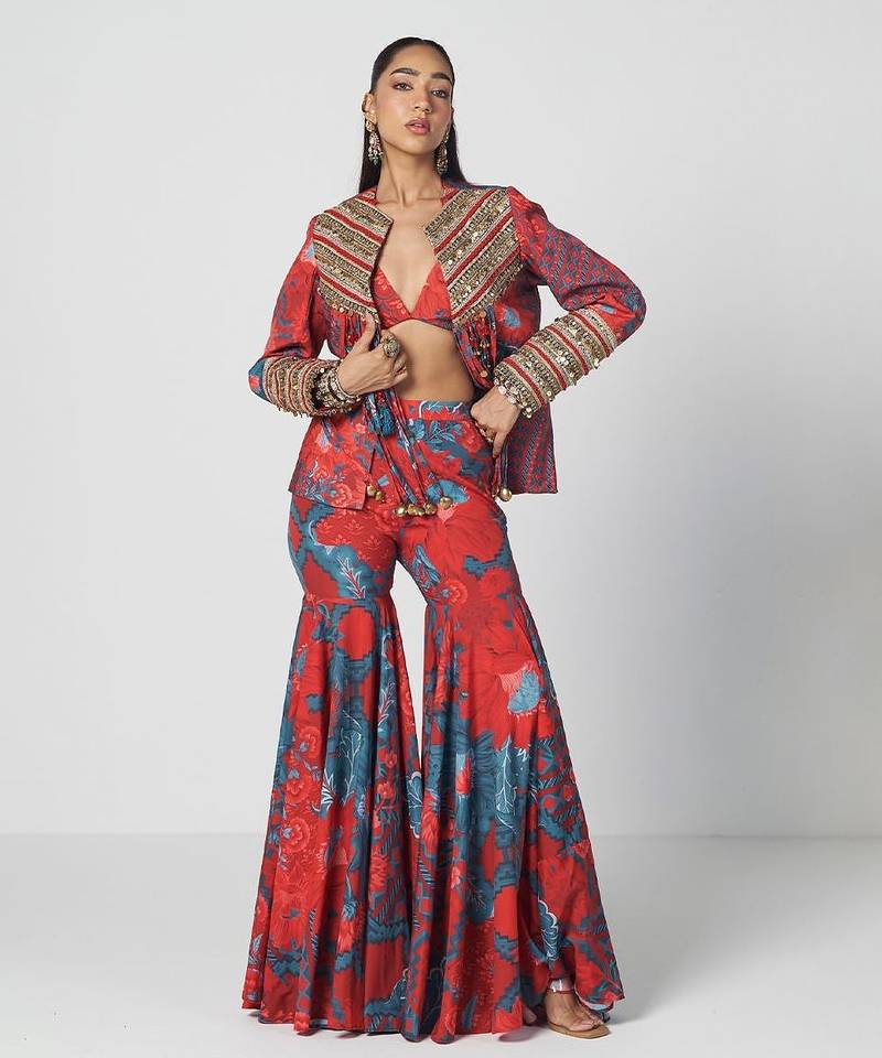 Tabasco red embroidered crepe jacket sharara set