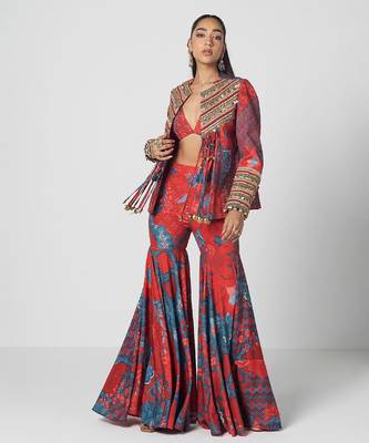 Tabasco red embroidered crepe jacket sharara set 3
