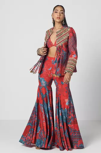 Tabasco red embroidered crepe jacket sharara set