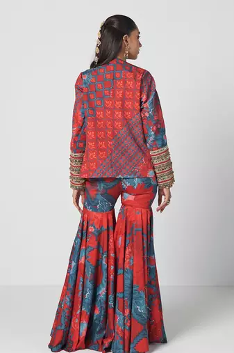 Tabasco red embroidered crepe jacket sharara set