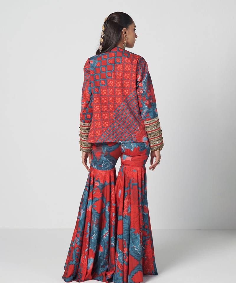 Tabasco red embroidered crepe jacket sharara set