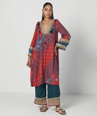 Tabasco red embroidered crepe organza and jacquard georgette kurta set 1