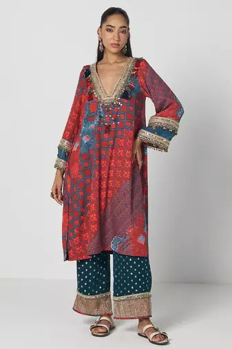 Tabasco red embroidered crepe organza and jacquard georgette kurta set