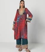 Tabasco red embroidered crepe organza and jacquard georgette kurta set