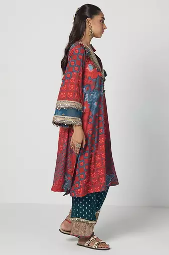 Tabasco red embroidered crepe organza and jacquard georgette kurta set