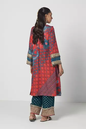 Tabasco red embroidered crepe organza and jacquard georgette kurta set