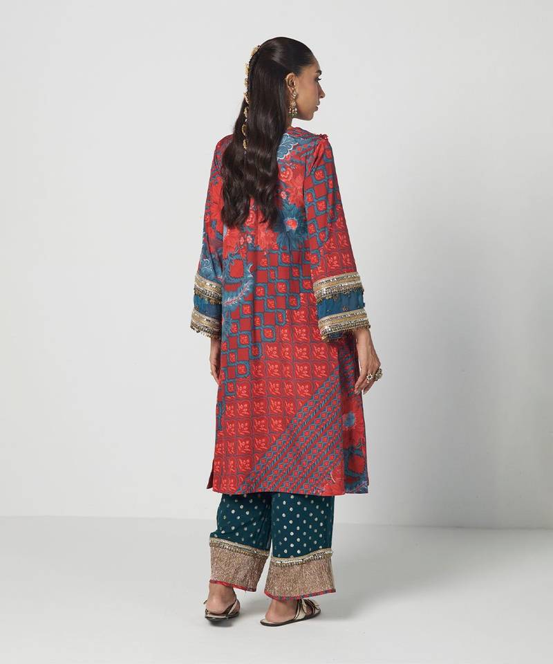 Tabasco red embroidered crepe organza and jacquard georgette kurta set