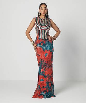 Tabasco red embroidered dupion silk corset and skirt set 1