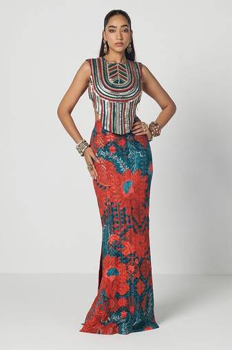 Tabasco red embroidered dupion silk corset and skirt set