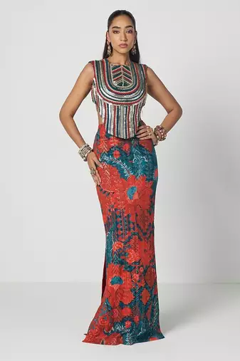 Tabasco red embroidered dupion silk corset and skirt set