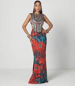 Tabasco red embroidered dupion silk corset and skirt set