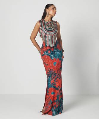 Tabasco red embroidered dupion silk corset and skirt set 2