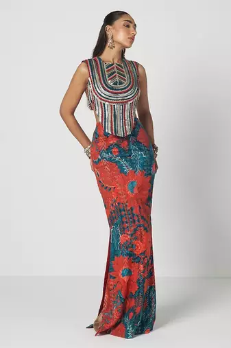 Tabasco red embroidered dupion silk corset and skirt set