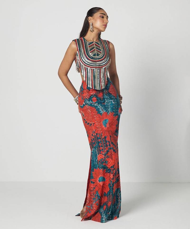 Tabasco red embroidered dupion silk corset and skirt set