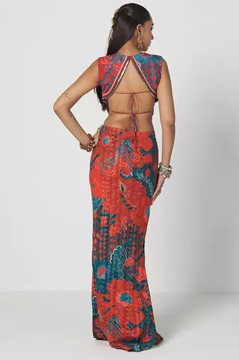Tabasco red embroidered dupion silk corset and skirt set