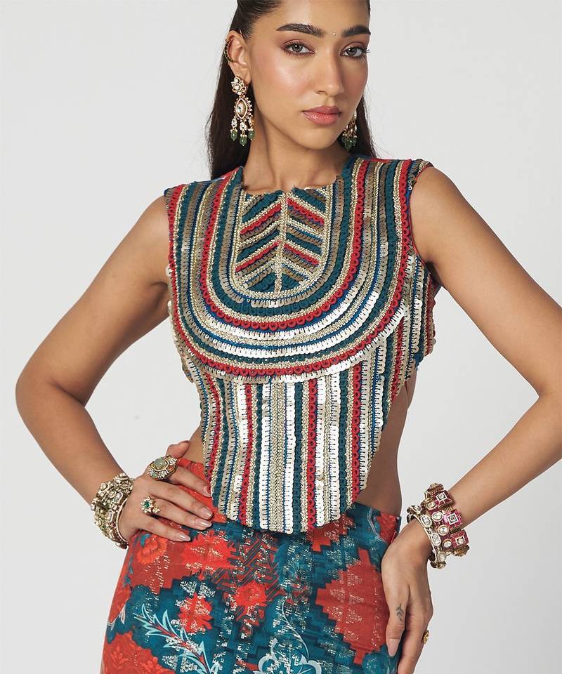 Tabasco red embroidered dupion silk corset and skirt set