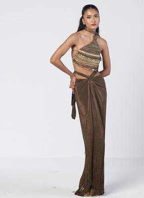 Olive brown embroidered chanderi silk and crepe drape skirt set 1