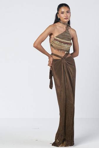 Olive brown embroidered chanderi silk and crepe drape skirt set