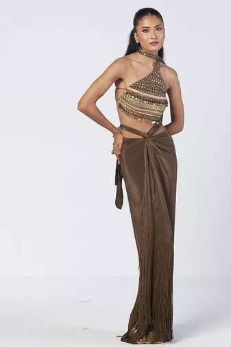 Olive brown embroidered chanderi silk and crepe drape skirt set