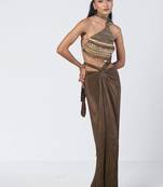 Olive brown embroidered chanderi silk and crepe drape skirt set