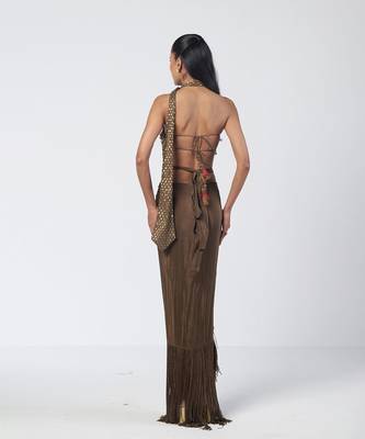 Olive brown embroidered chanderi silk and crepe drape skirt set 2