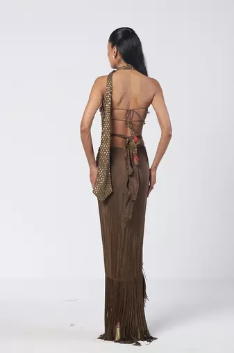 Olive brown embroidered chanderi silk and crepe drape skirt set