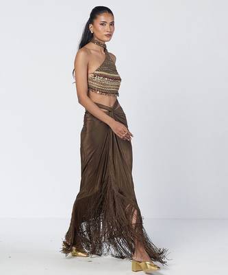Olive brown embroidered chanderi silk and crepe drape skirt set 3