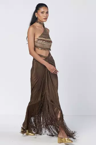 Olive brown embroidered chanderi silk and crepe drape skirt set