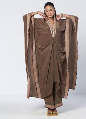 Olive brown embroidered crepe kaftan and pant set 1