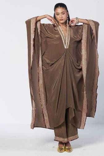 Olive brown embroidered crepe kaftan and pant set
