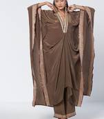Olive brown embroidered crepe kaftan and pant set